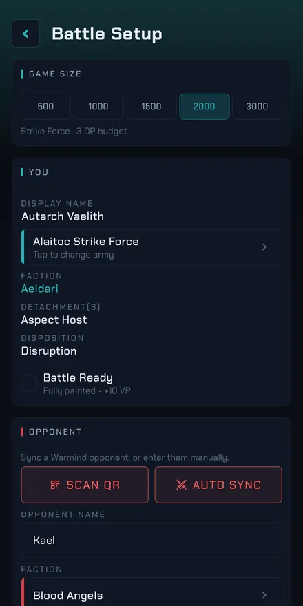 The Battle Setup screen: game size, your army and detachment, and the opponent panel.