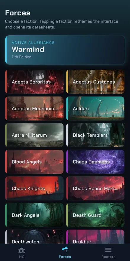 The Forces screen: every faction as an illustrated card.