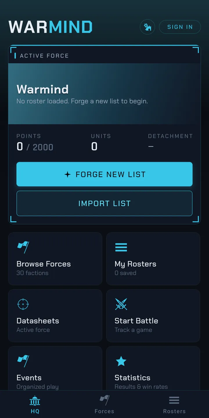The Warmind home screen with the active force, points used and quick actions.